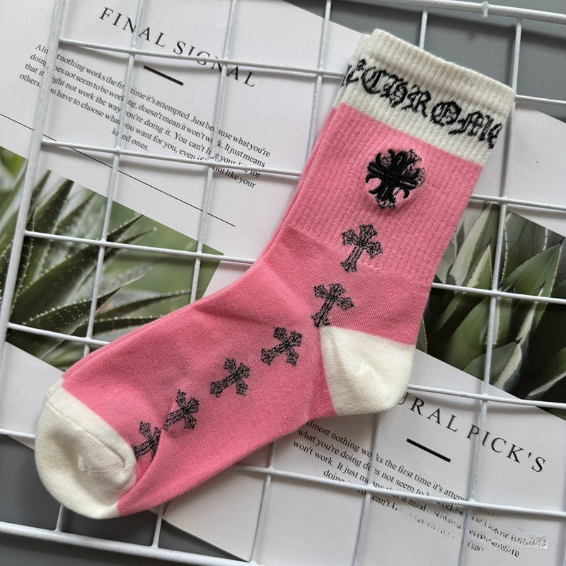 Chrome Hearts Socks Medium Tall Striped Letter Red Lip Embroidery
