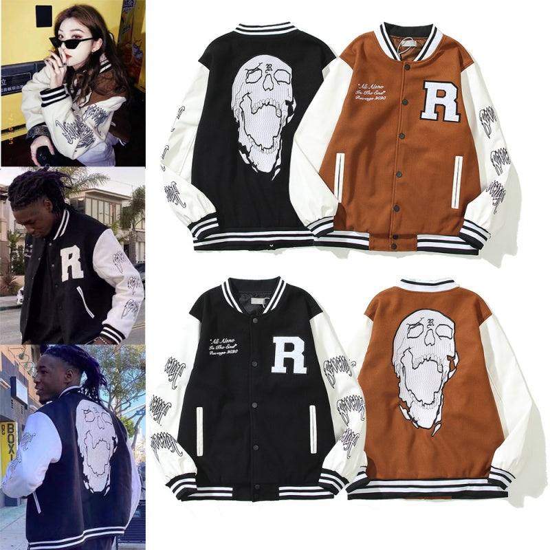 American-style baseball jacket Revenge Varsity Padded Jacket with Skull Embroidery and Leather Sleeves