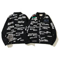 American-style baseball jacket Stu x Tears American High-Street Collaboration: Denim Jacket Featuring All-Over Barrage Text Print and Embroidered Cotton Boll Motifs.