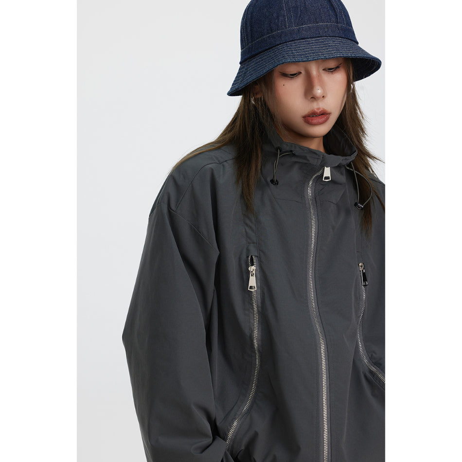 Unisex Jacket Vintage Zipper Stand Collar Coat for Men and Women Same Style Loose-Fitting Workwear Jacket