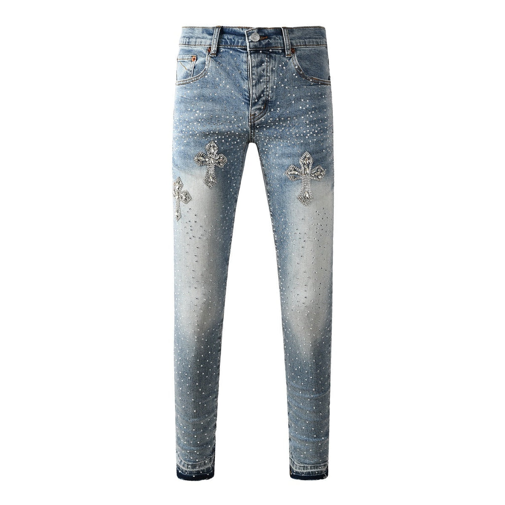 Mens trendy purple jeans, 100% cotton Rhinestones #9132