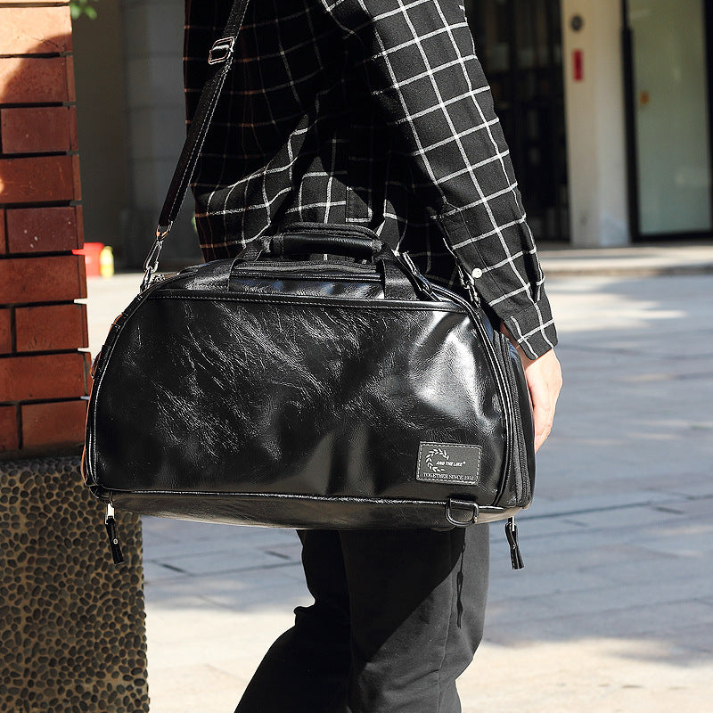 Leather duffel bag shoulder messenger bag dry and wet separation backpack male student bag leisure travel bag
