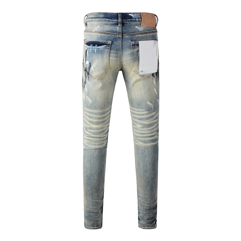 Mens trendy purple jeans, 100% cotton High Street Distressed