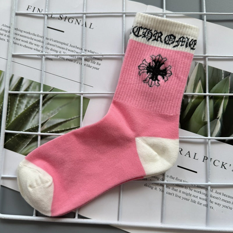 Chrome Hearts Socks Medium Tall Striped Letter Red Lip Embroidery