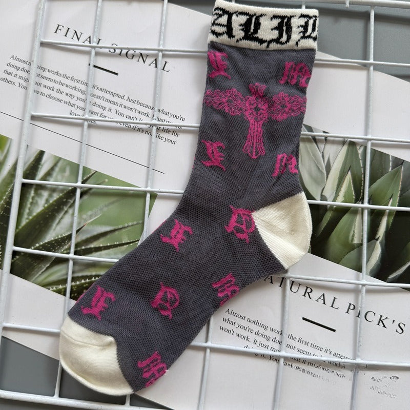 Chrome Hearts Socks Medium Tall Striped Letter Red Lip Embroidery