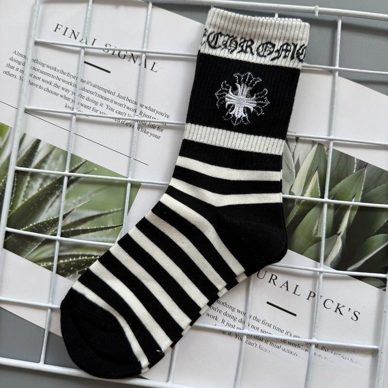 Chrome Hearts Socks Medium Tall Striped Letter Red Lip Embroidery