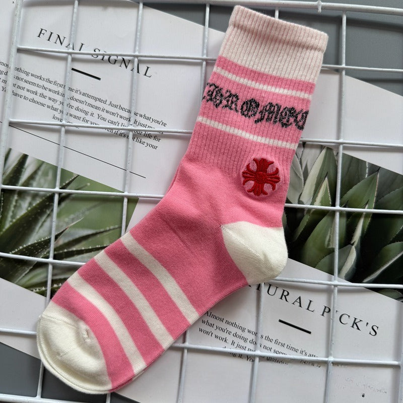Chrome Hearts Socks Medium Tall Striped Letter Red Lip Embroidery