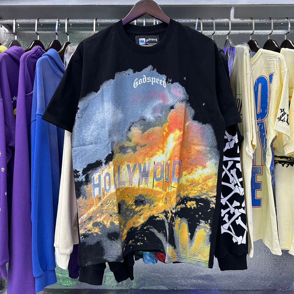Godspeed t Shirts Los Angeles Hollywood Hills Fire Print Cotton Casual Short Sleeve Men and Women