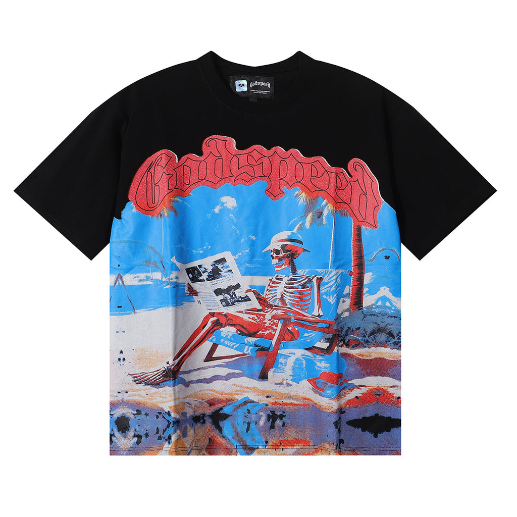 Godspeed T Shirts Cozy Beach Skull Double Yarn Cotton Casual Short Sleeves Men and Women