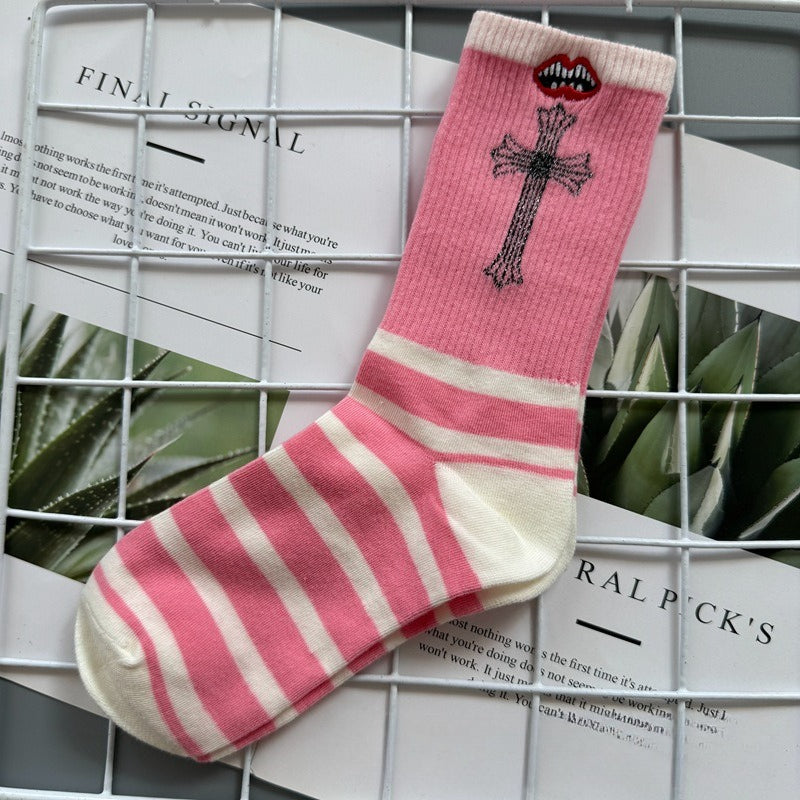 Chrome Hearts Socks Medium Tall Striped Letter Red Lip Embroidery
