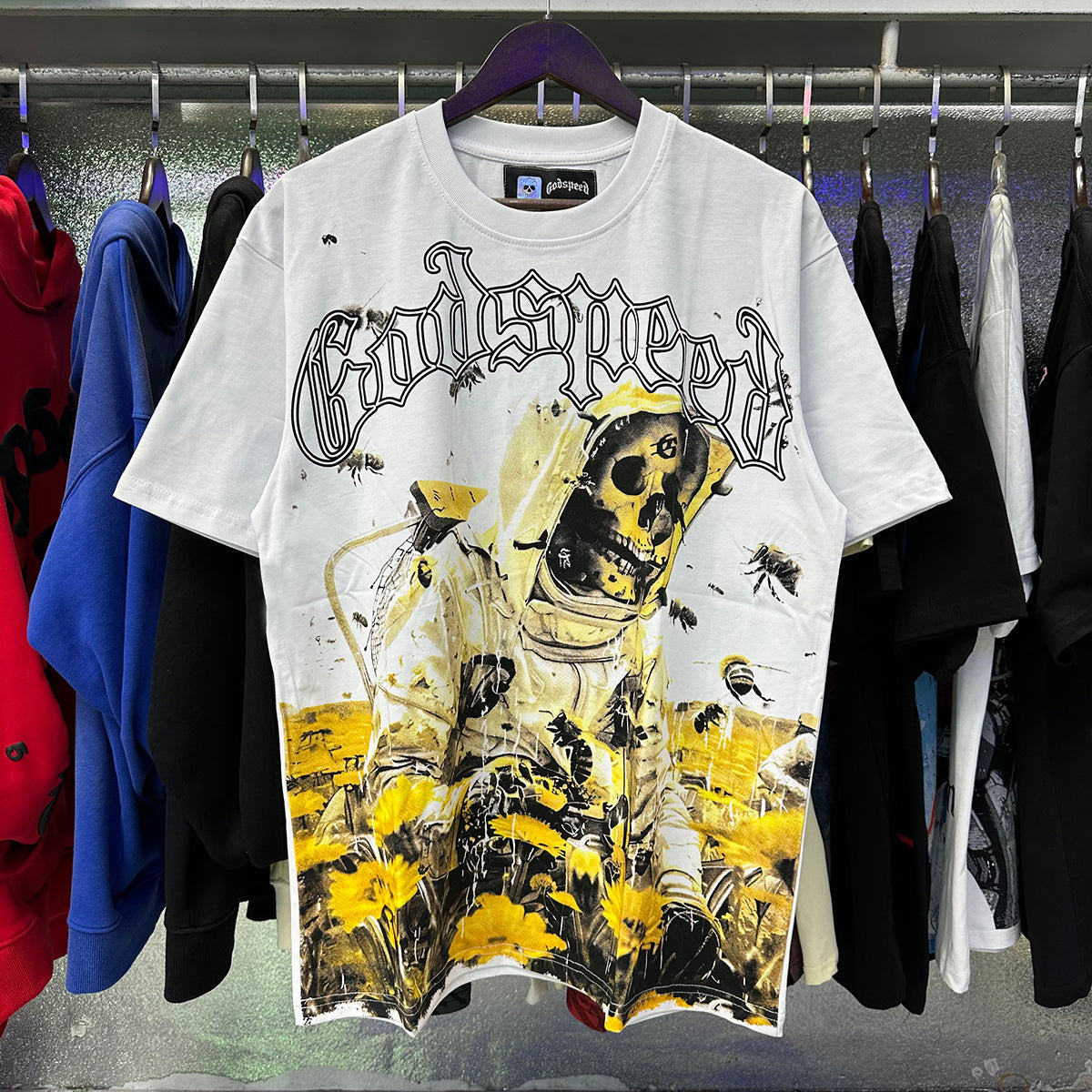 Godspeed T Shirts Skull Bee Sunflower Print Cotton Short Sleeve Men and Women