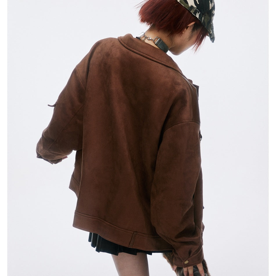 Unisex Jacket Vintage Suede Stitching Pu Turn-down Collar Coat Men and Women Loose Jacket
