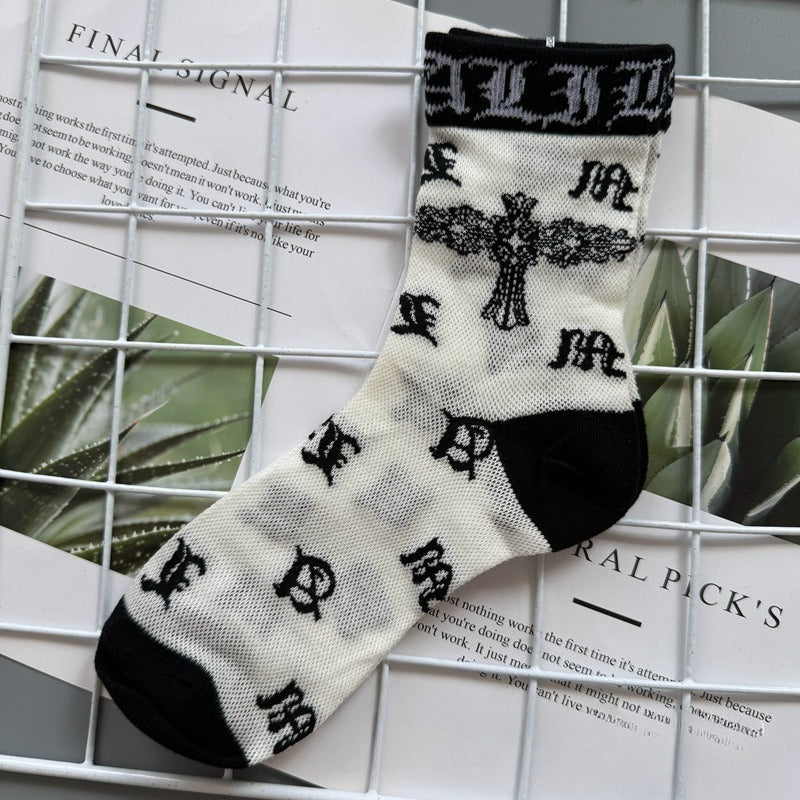 Chrome Hearts Socks Medium Tall Striped Letter Red Lip Embroidery