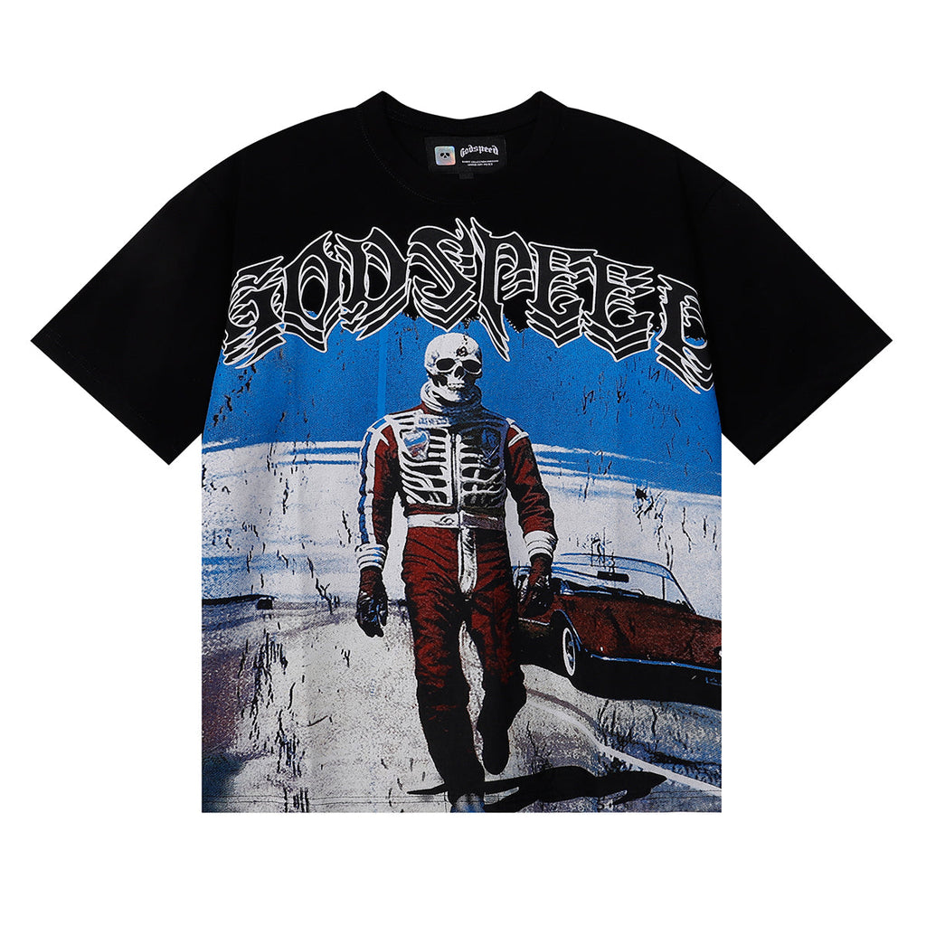 Godspeed T Shirts Sports Car Skull Racer Printed Cotton Casual Short Sleeve Men and Women