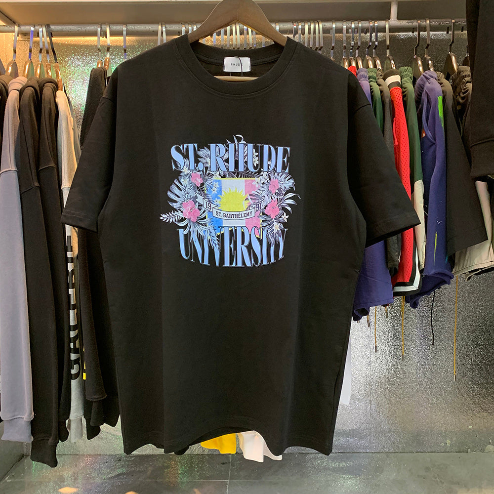 Rhude T Shirts Flag Floral Print Cotton Casual Loose Short Sleeve Men and Women