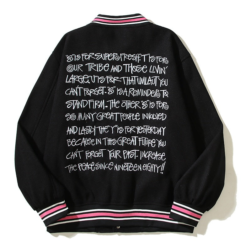 American-style baseball jacket American-style trendy high-street streetwear featuring back-panel graffiti, slogan, and lettering with intricate, high-density embroidery¡ªembodying the vibe aesthetic.