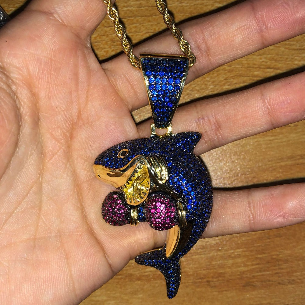 Jewelry Hip Hop Boxing Shark Zircon Pendant Necklace Animal Spectrum Armament