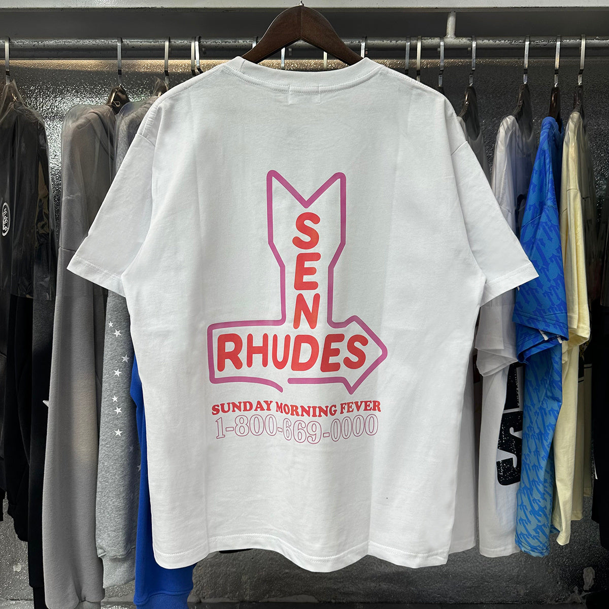 Rhude T Shirts Sunday Morning Fever Pink Arrow Print Men's and Women's Crew Neck Short Sleeves