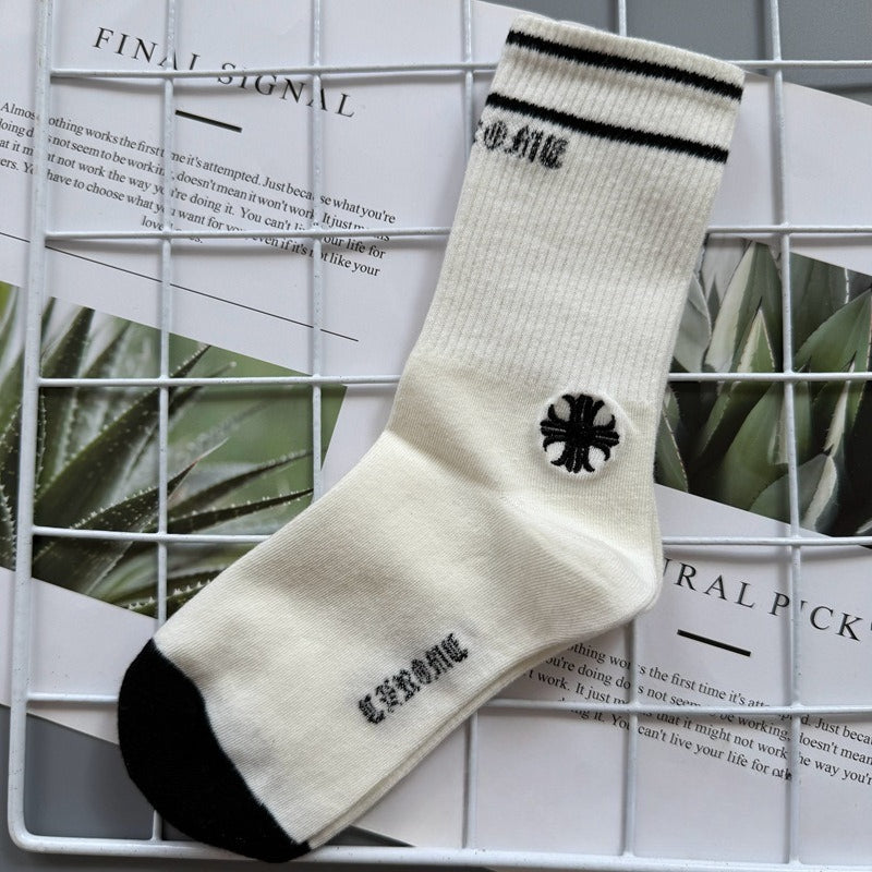Chrome Hearts Socks Medium Tall Striped Letter Red Lip Embroidery