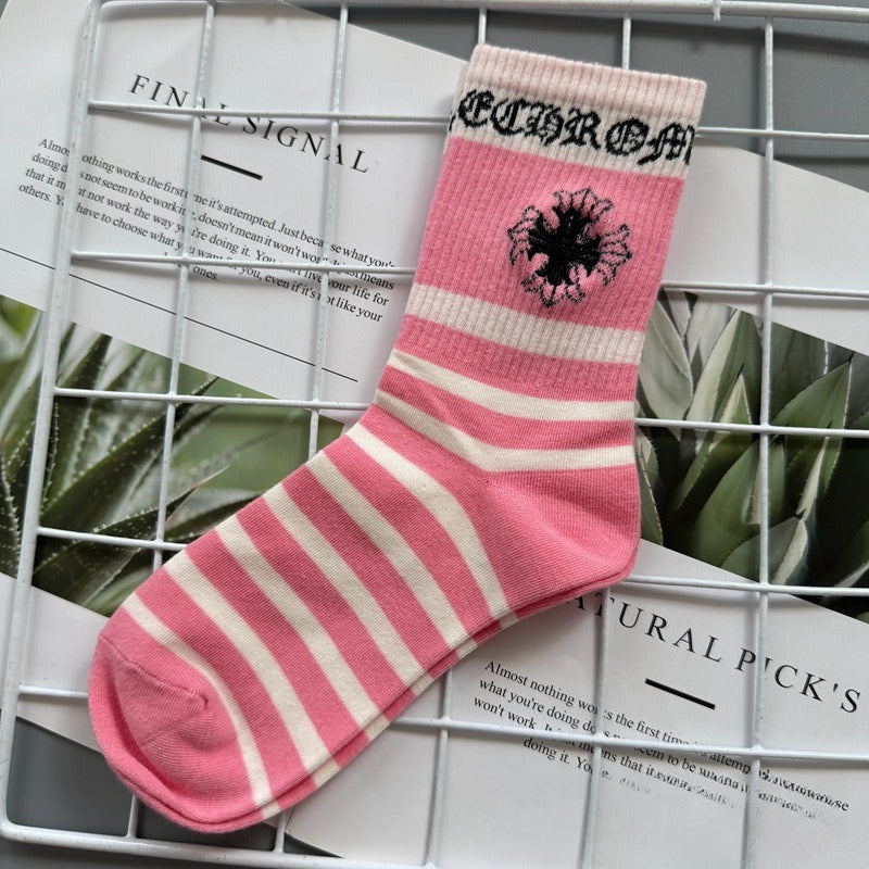 Chrome Hearts Socks Medium Tall Striped Letter Red Lip Embroidery