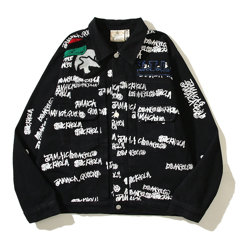 American-style baseball jacket Stu x Tears American High-Street Collaboration: Denim Jacket Featuring All-Over Barrage Text Print and Embroidered Cotton Boll Motifs.