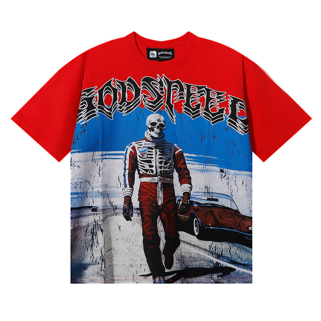 Godspeed T Shirts Sports Car Skull Racer Printed Cotton Casual Short Sleeve Men and Women