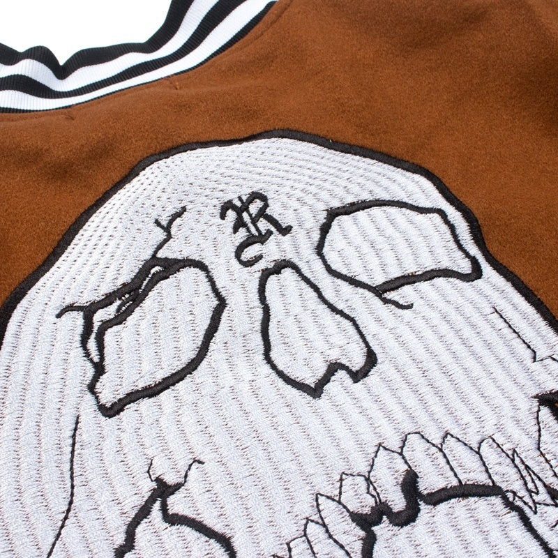 American-style baseball jacket Revenge Varsity Padded Jacket with Skull Embroidery and Leather Sleeves