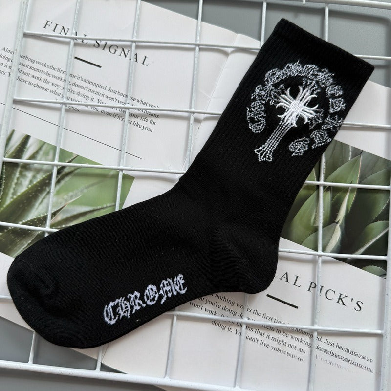 Chrome Hearts Socks Medium Tall Striped Letter Red Lip Embroidery