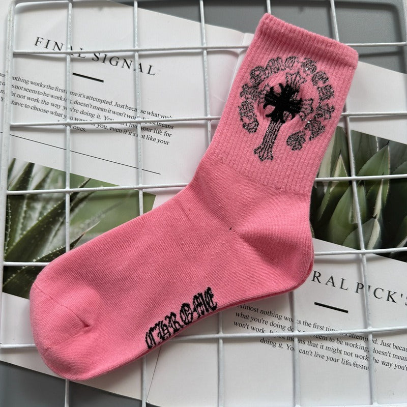 Chrome Hearts Socks Medium Tall Striped Letter Red Lip Embroidery