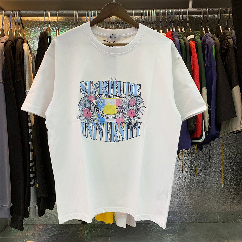 Rhude T Shirts Flag Floral Print Cotton Casual Loose Short Sleeve Men and Women