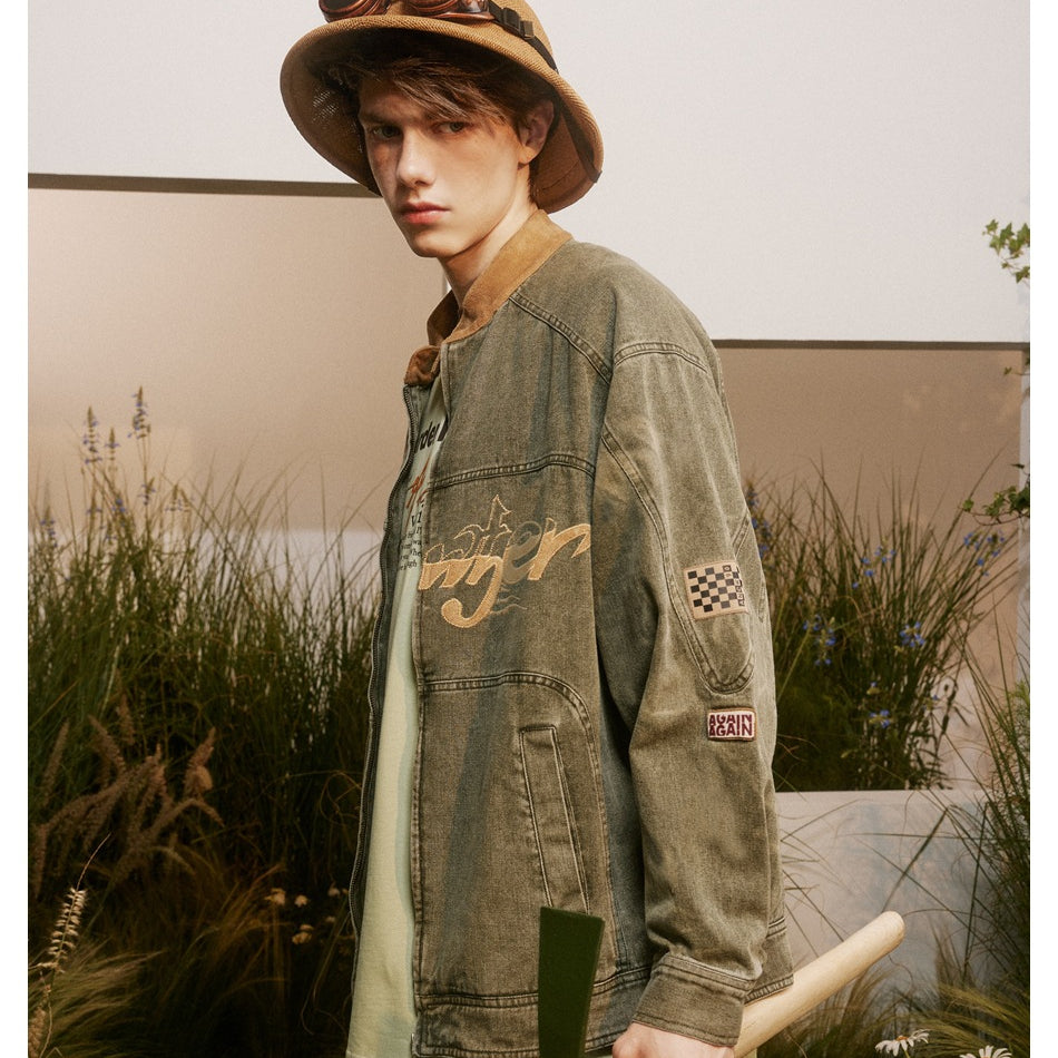 Unisex Jacket Vintage Racing Stand Collar Denim Jacket Spring and Autumn Coat Motorcycle Jacket