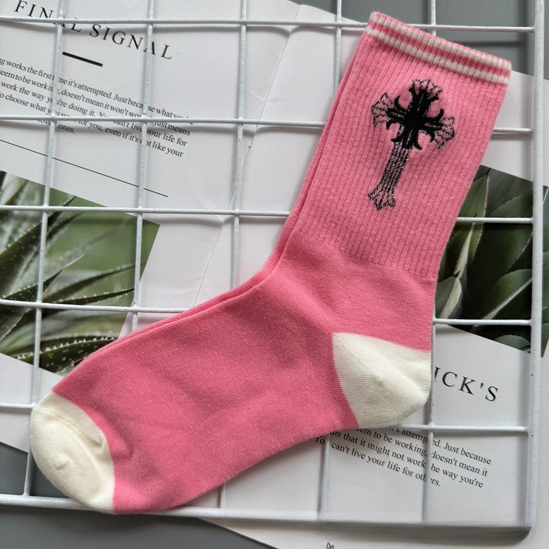 Chrome Hearts Socks Medium Tall Striped Letter Red Lip Embroidery
