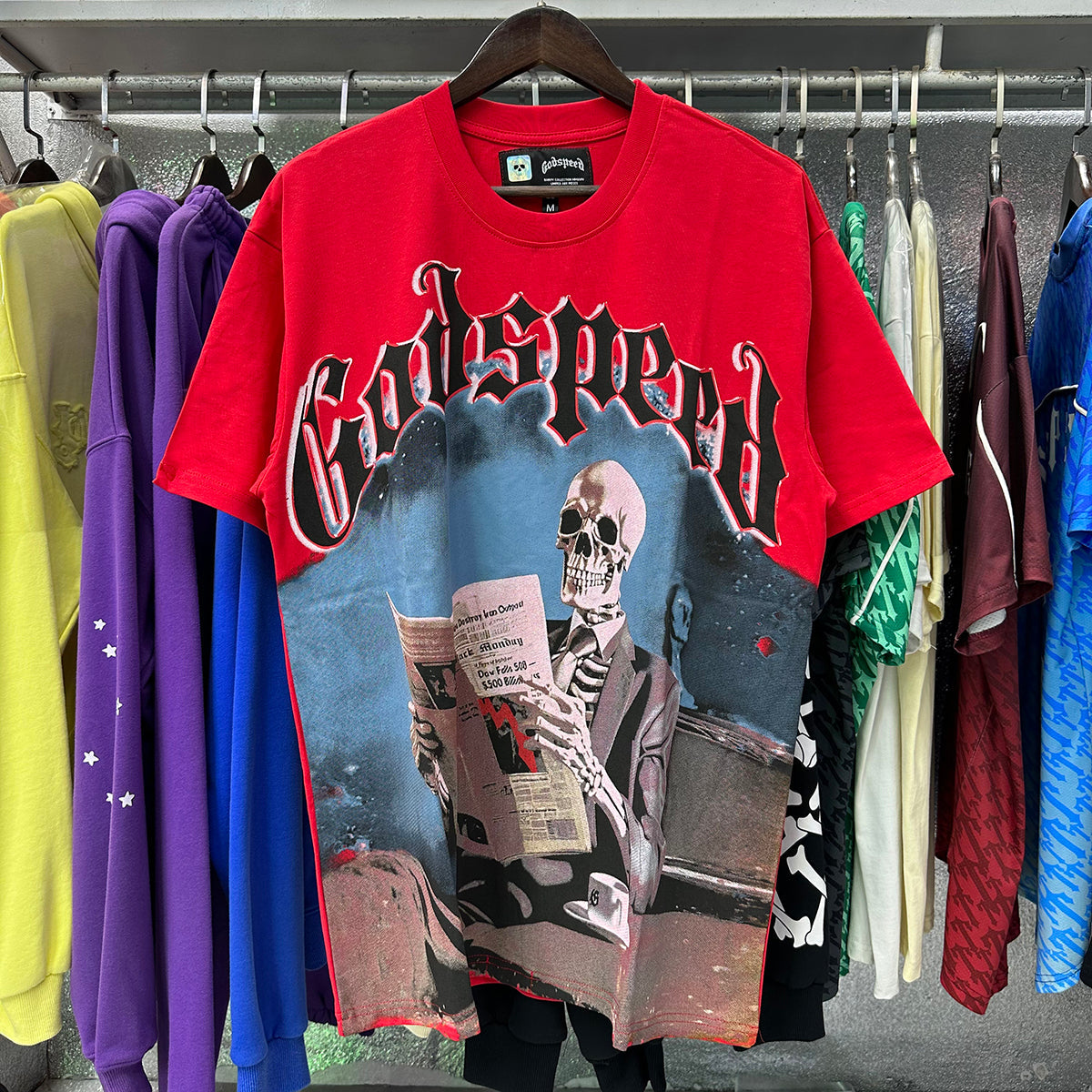 Godspeed T Shirts Newspaper Skull Printing Cotton Casual Short Sleeves Men and Women