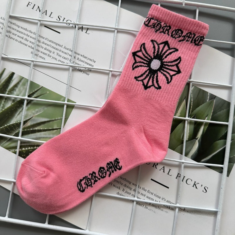 Chrome Hearts Socks Medium Tall Striped Letter Red Lip Embroidery