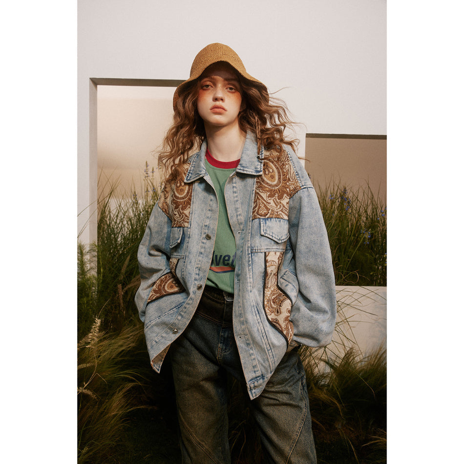 Unisex Jacket Vintage Paisley Stitching Washed Denim Jacket