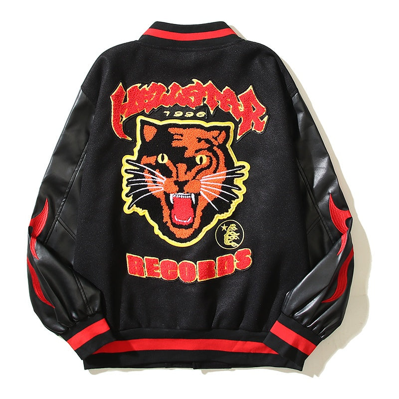 American-style baseball jacket High-street style HELL tiger-motif varsity jacket featuring color-blocking, contrast paneling, and embroidery¡ªan Instagram-trending design.