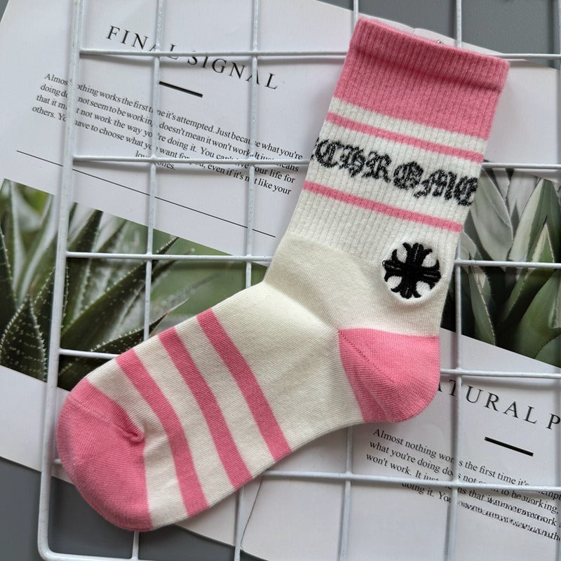 Chrome Hearts Socks Medium Tall Striped Letter Red Lip Embroidery
