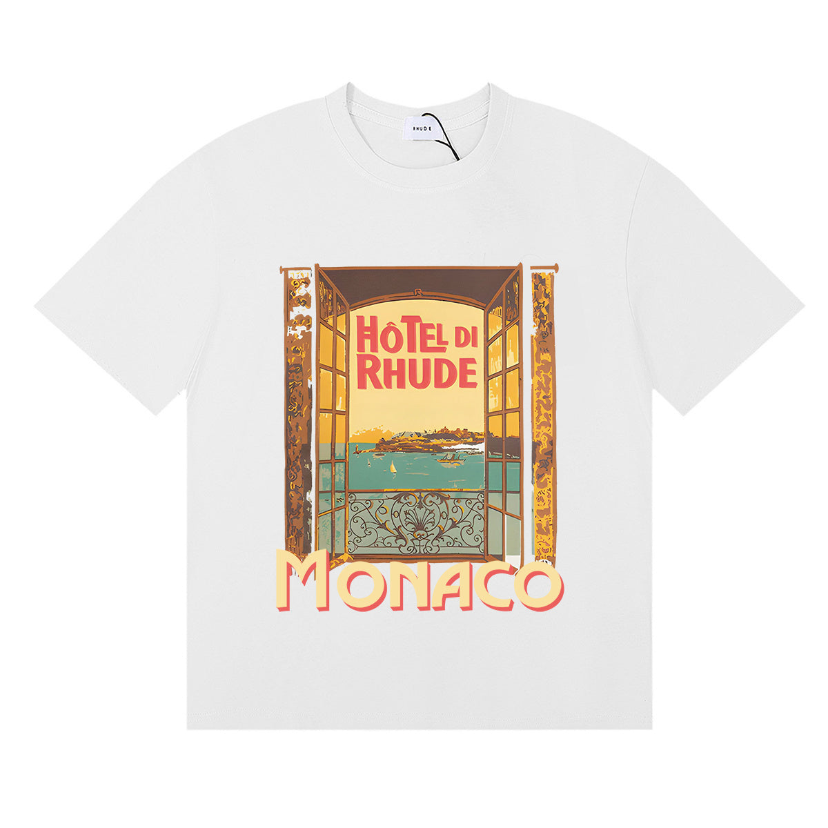 Rhude T Shirts Windowsill Seaview Printing Cotton Casual Short Sleeve Men and Women
