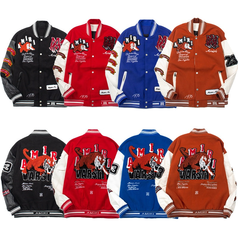 American-style baseball jacket Unisex Streetwear-Style Cardigan with Embroidered Tiger Motif