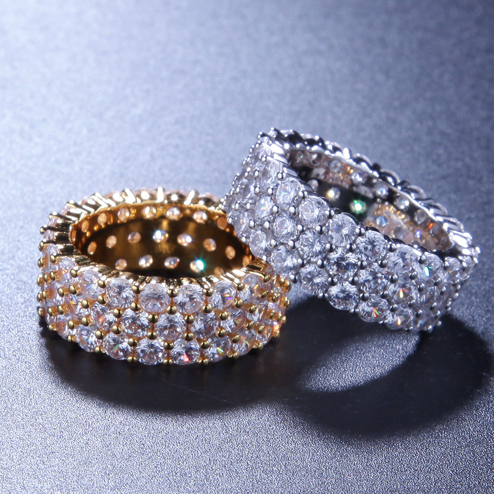 Rings Hip Hop Diamond Set 3-Row Zircon Ring BlingBling Spectrum St. Valentine's