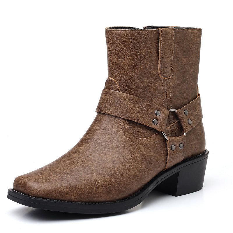 Men's dress shoes Men's leather boots Vintage British high-top short boots Rivets Metal buckle side zipper Thick heel Square head