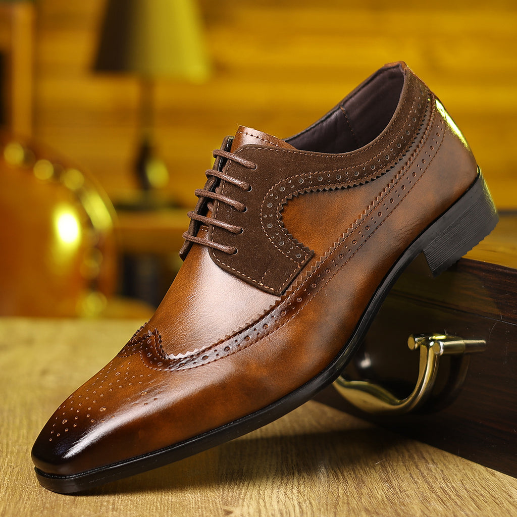 Men's dress shoes large size leather shoes men's glossy flip fur splicing shoes men's shoes retro pointed lace-up men's dress shoes