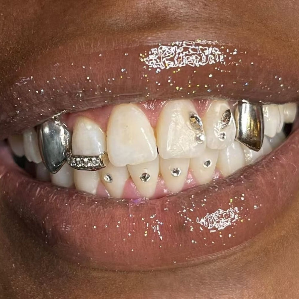 Grillz Hip-Hop Rock Symmetrical Fangs Zircon Braces Horizontal Bar Combination Personalized Dentures Men's Cross-Border Hip-Hop Accessories