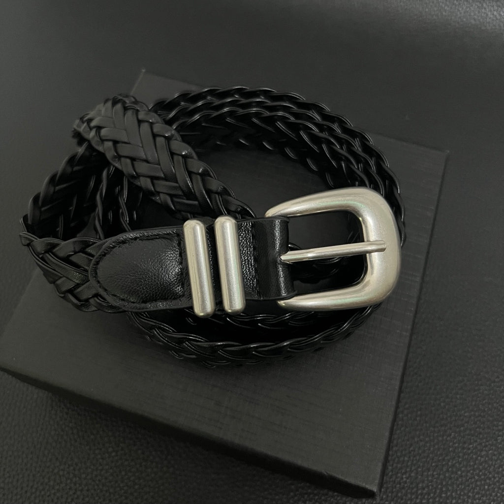 American vintage-style leather belt retro old matte hand-woven belt free punching men's and women's simple and versatile black belt