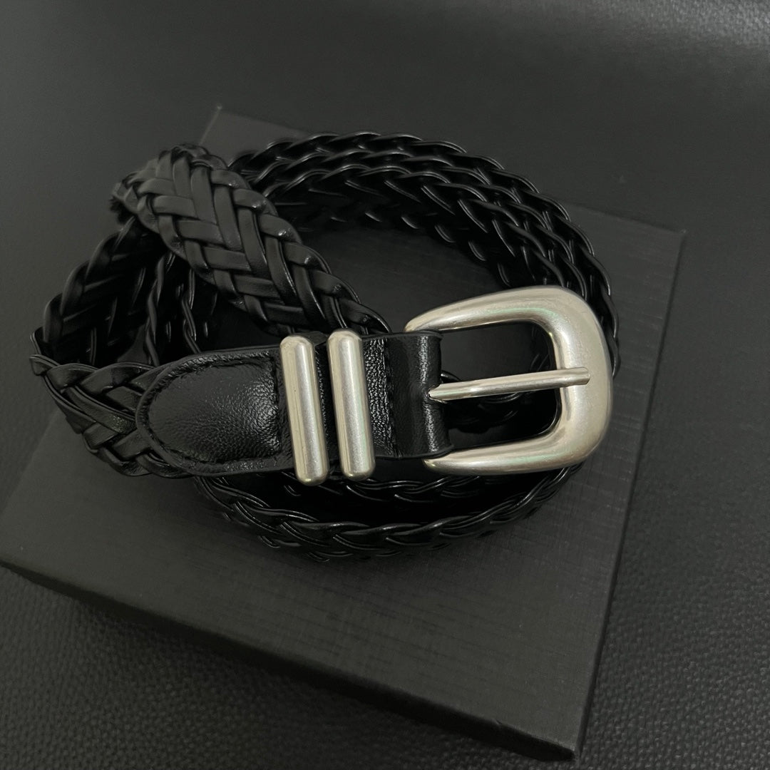 American vintage-style leather belt retro old matte hand-woven belt free punching men's and women's simple and versatile black belt