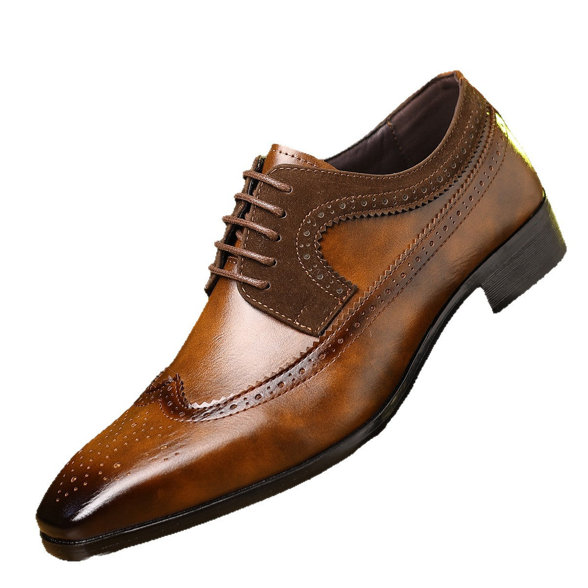 Men's dress shoes large size leather shoes men's glossy flip fur splicing shoes men's shoes retro pointed lace-up men's dress shoes