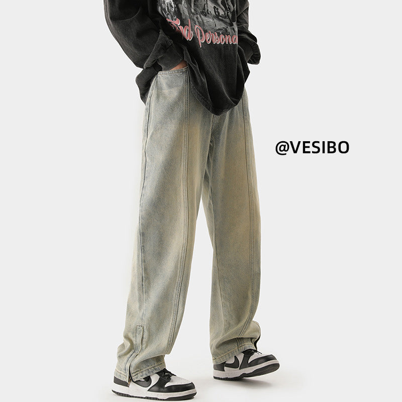 Men Jeans Retro Distressed Straight-Leg Pants Autumn Loose Casual Pants