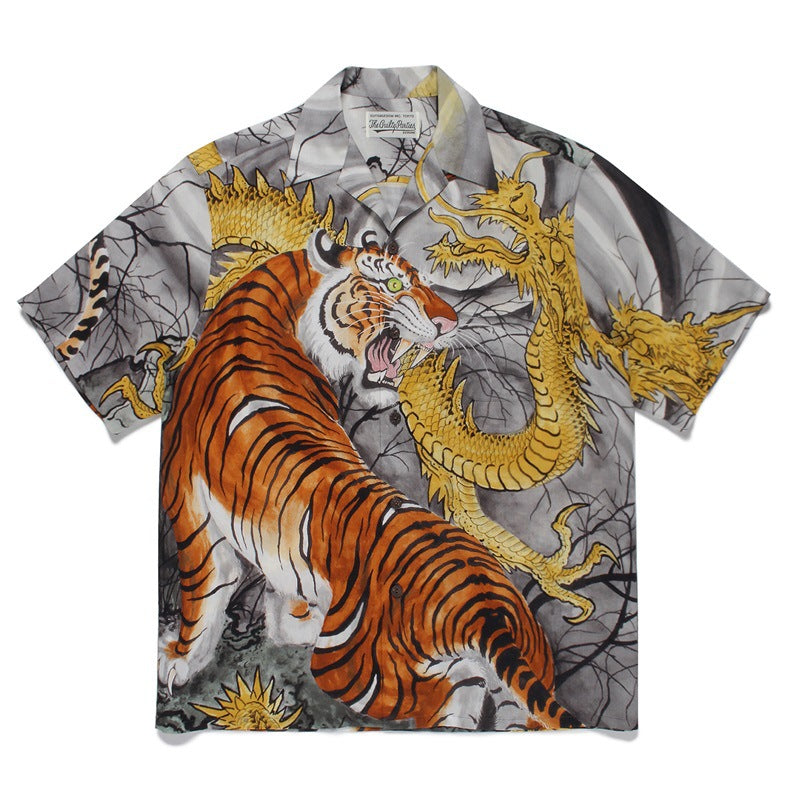GUILTYPARTIES TIGER Shirts 22AW Dragon and Tiger Fight, Tiger Print Hawaiian Short Sleeve Shirt Men