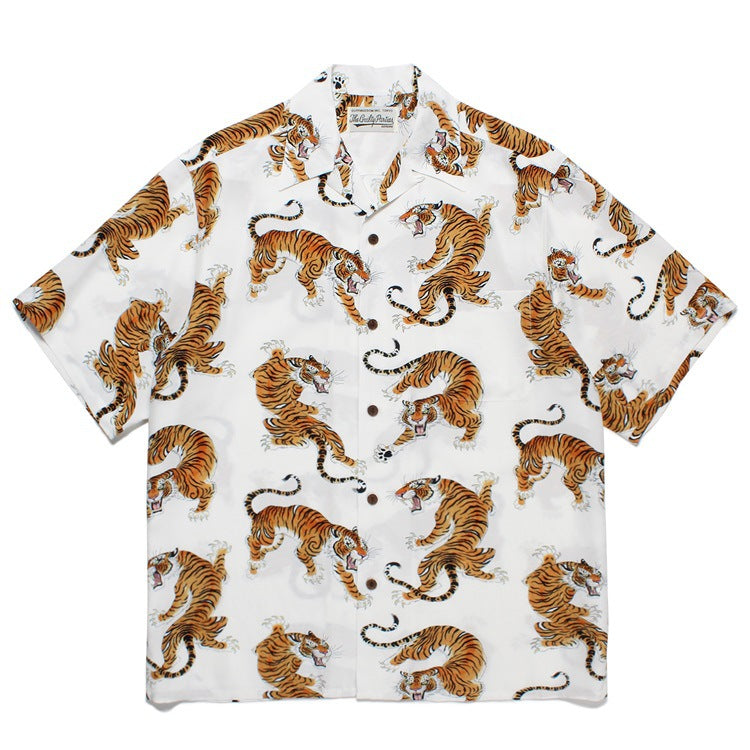 GUILTYPARTIES TIGER Shirts 23SS TIM LEHI Flame Tiger Full Print Hawaiian Short Sleeve Shirt Men