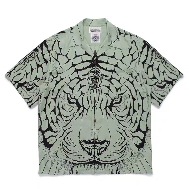 GUILTYPARTIES TIGER Shirts 22AW Wolf's Head Red and Green Wolf Face Hawaiian Short Sleeve Shirt Men